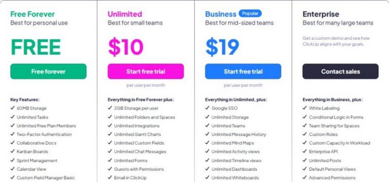 Clickup Pricing Screenshot