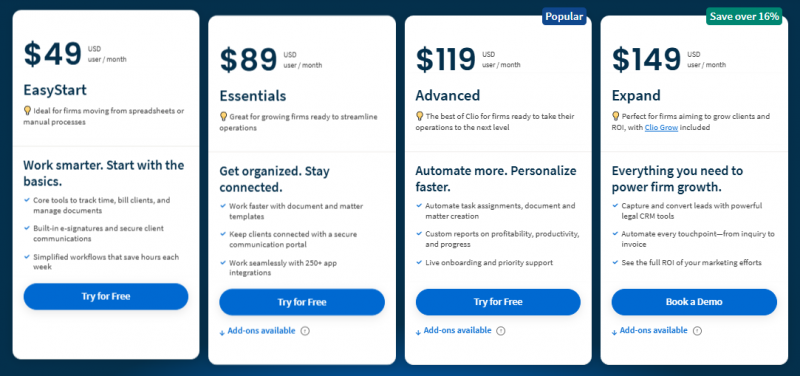 Clio Pricing Screenshot