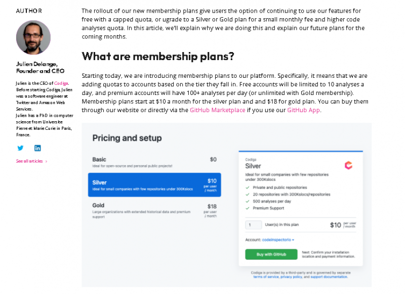 Codiga Pricing Screenshot