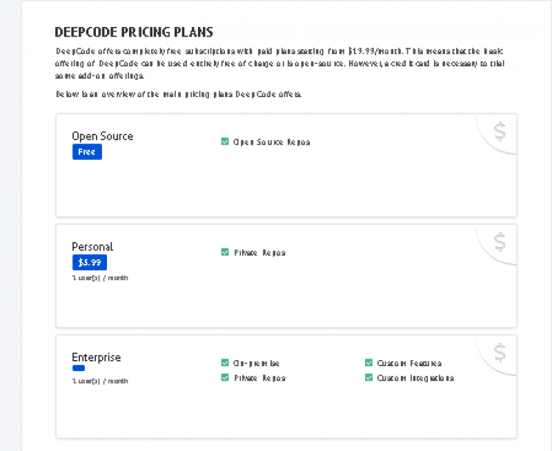 DeepCode Pricing Screenshot