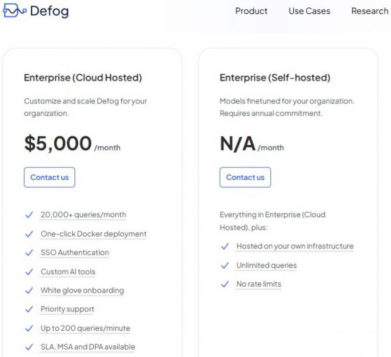 Defog Pricing Screenshot