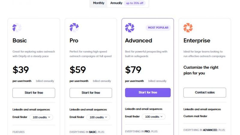 Dripify Pricing Screenshot