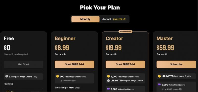 Dzine Ai Pricing Screenshot