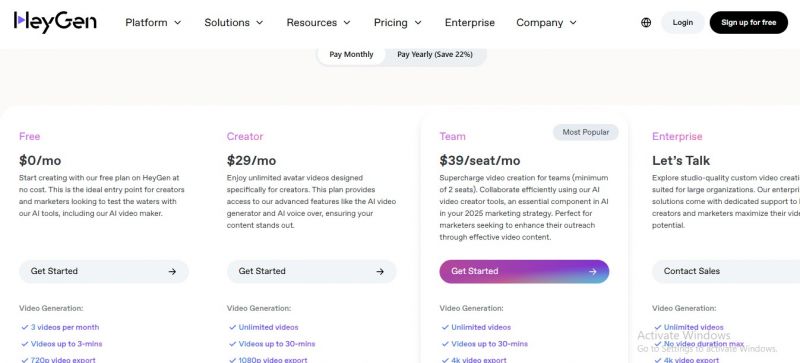 HeyGen Pricing Screenshot