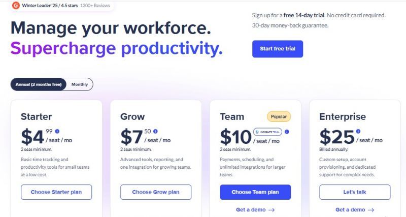 Hubstaff Pricing Screenshot
