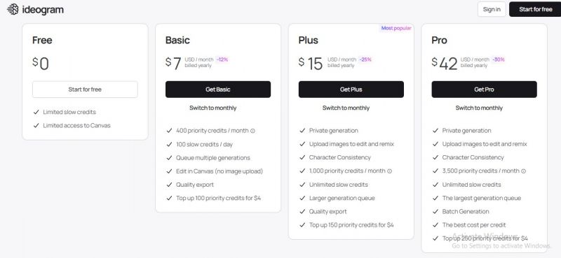 Ideogram AI Pricing Screenshot
