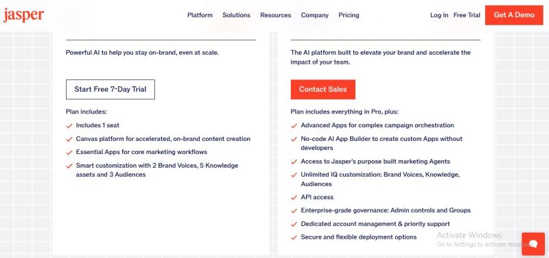 Jasper Pricing Screenshot