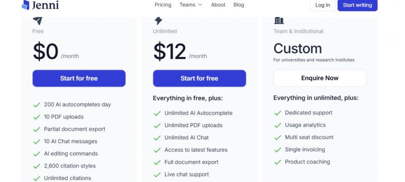 Jenni AI Pricing Screenshot
