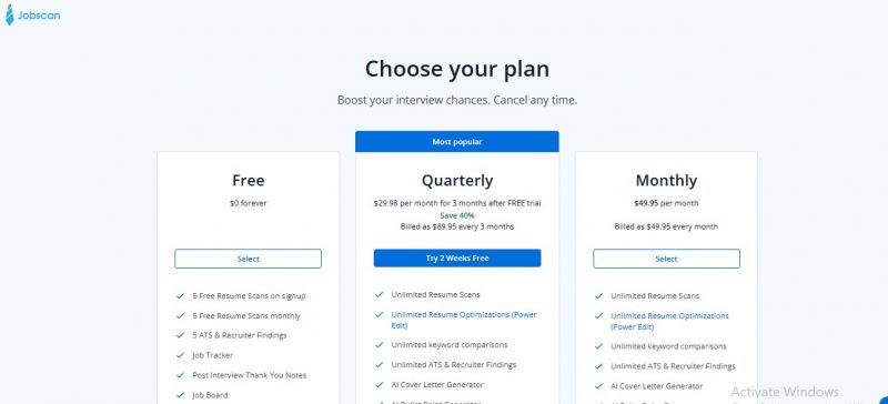 Jobscan Pricing Screenshot
