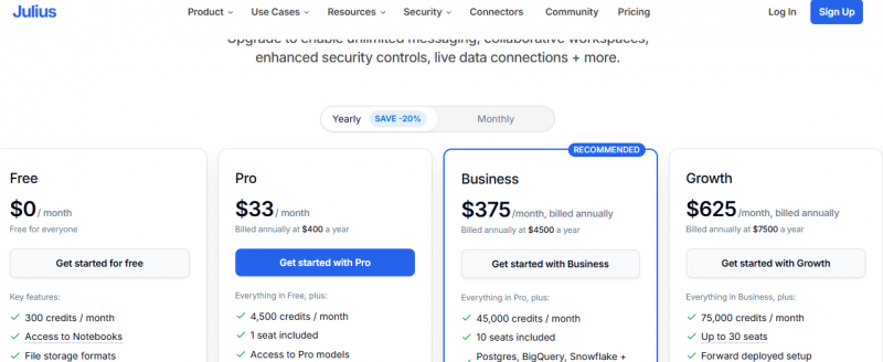 Julius AI Pricing Screenshot