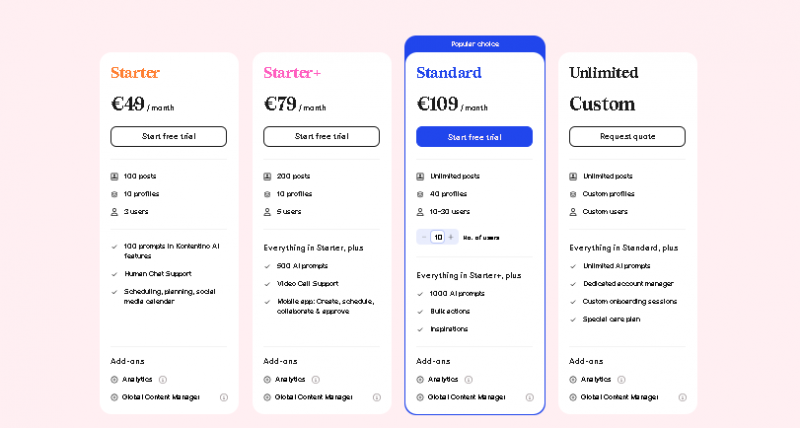 Kontentino Pricing Screenshot