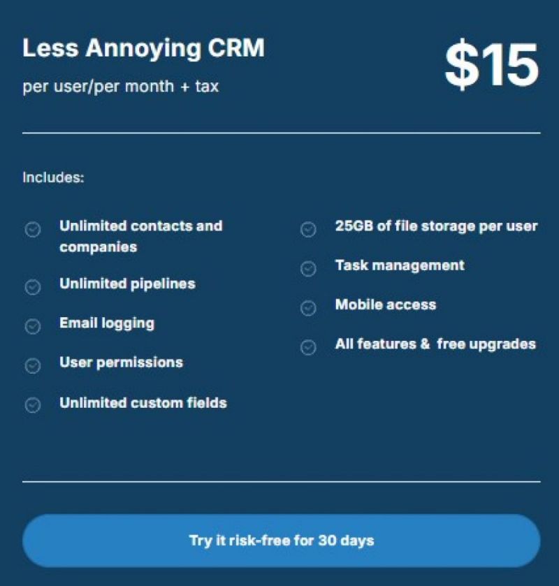 Less Annoying CRM Pricing Screenshot