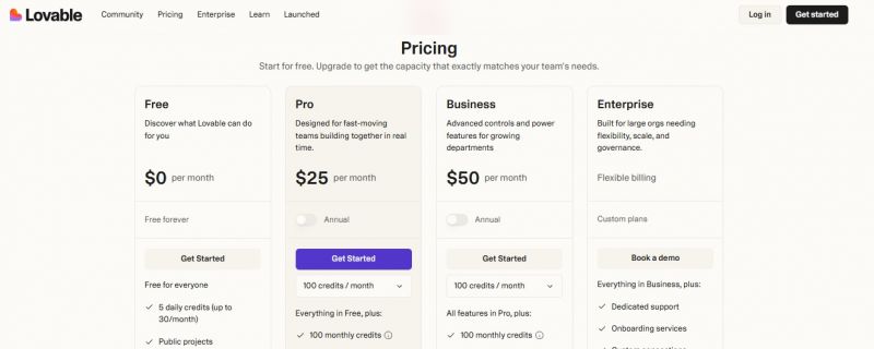 Lovable Pricing Screenshot
