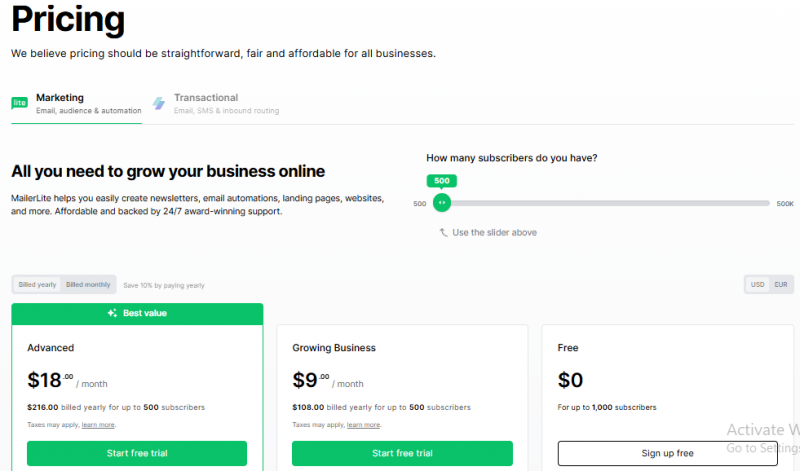 MailerLite Pricing Screenshot