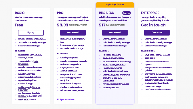 MeetGeek Pricing Screenshot