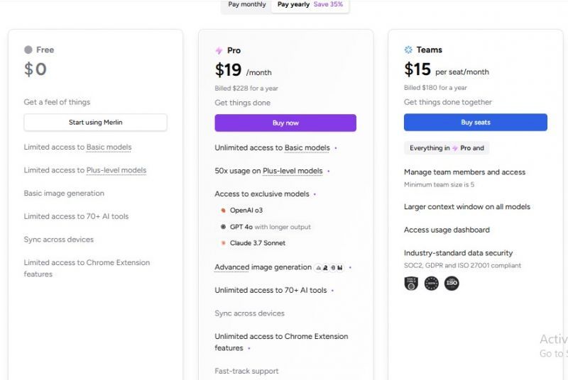 Merlin AI Pricing Screenshot