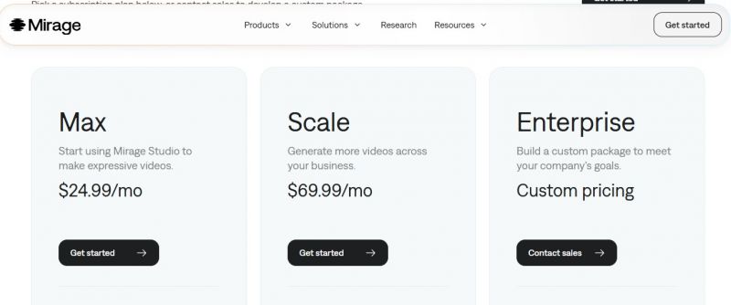 Mirage Pricing Screenshot
