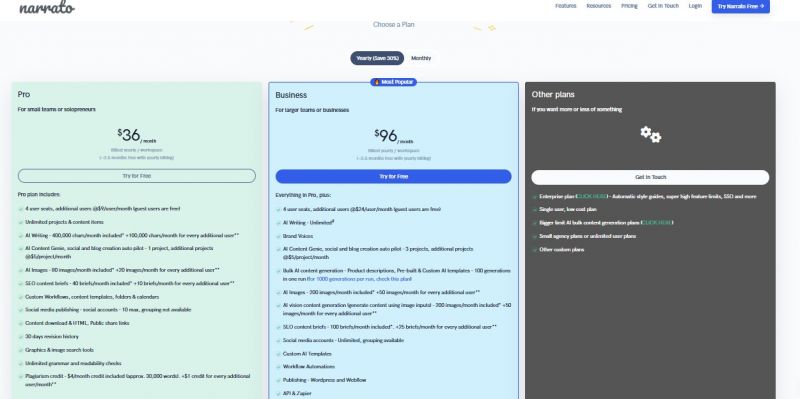 Narrato Pricing Screenshot