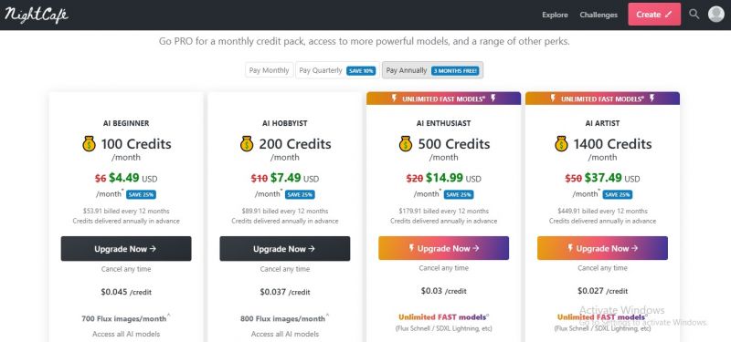 NightCafe Creator Pricing Screenshot