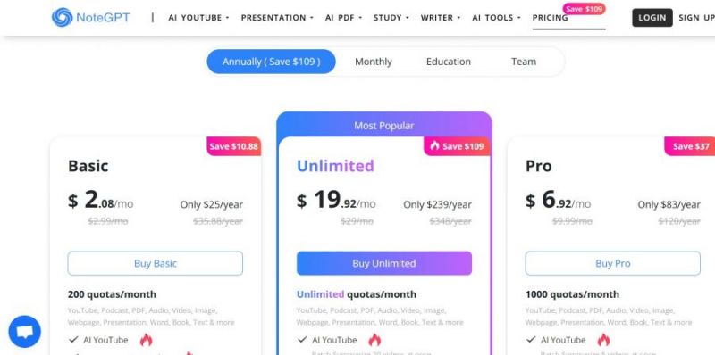NoteGpt AI Pricing Screenshot