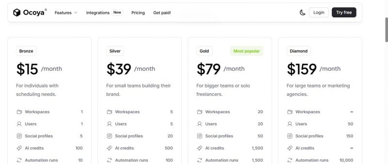 Ocoya Pricing Screenshot