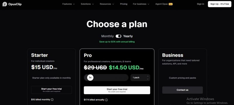OpusClip Pricing Screenshot