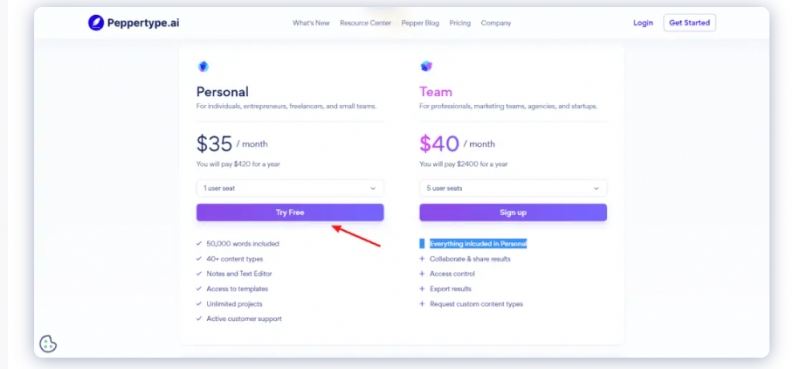 Peppertype AI Pricing Screenshot