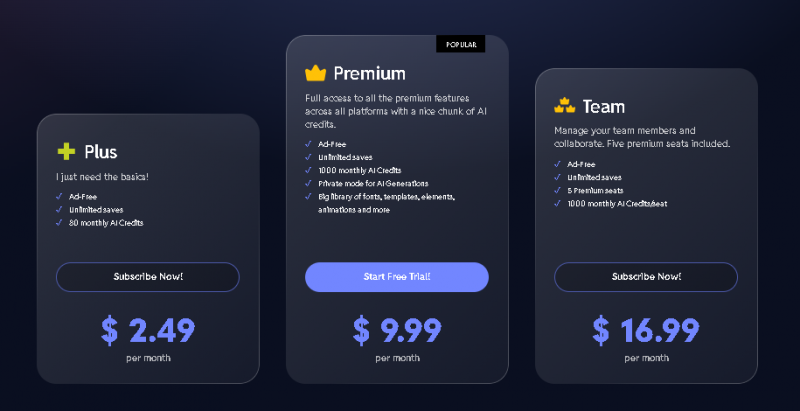 Pixlr AI Pricing Screenshot