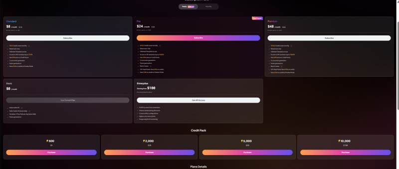 PixVerse Pricing Screenshot