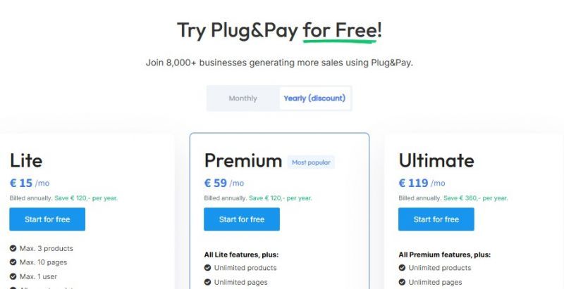 Plug&Pay Pricing Screenshot
