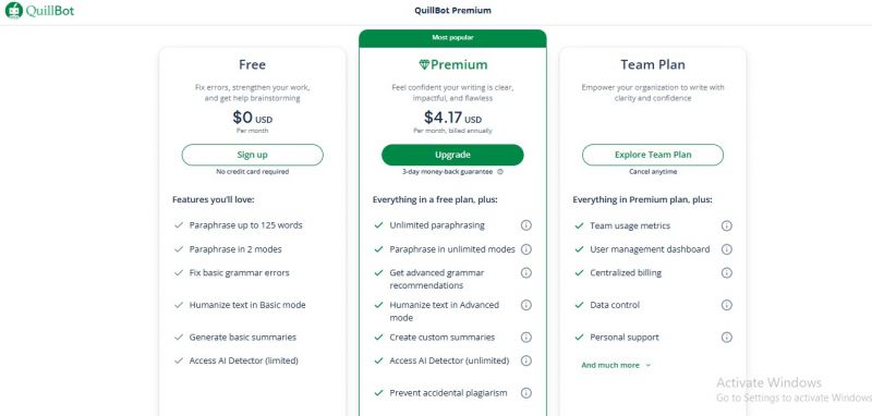 QuillBot Pricing Screenshot