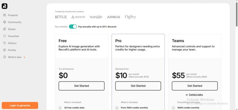 Recraft.ai Pricing Screenshot