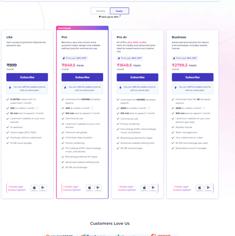 Renderforest AI Pricing Screenshot