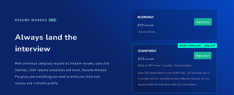 Resume Worded Pro Pricing Screenshot