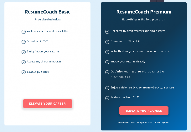 ResumeCoach Pricing Screenshot