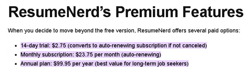 ResumeNerd Pricing Screenshot