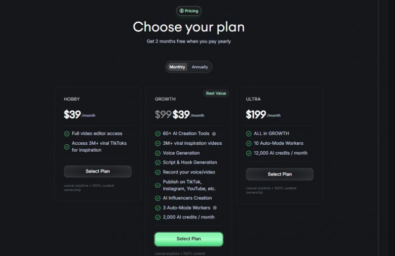 Revid AI Pricing Screenshot