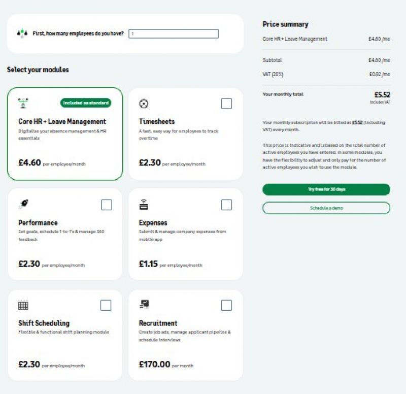 Sage HR Pricing Screenshot