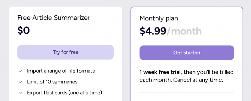 Scholarcy Pricing Screenshot