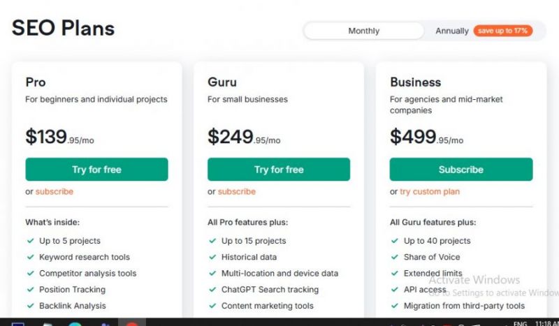 Semrush Pricing Screenshot