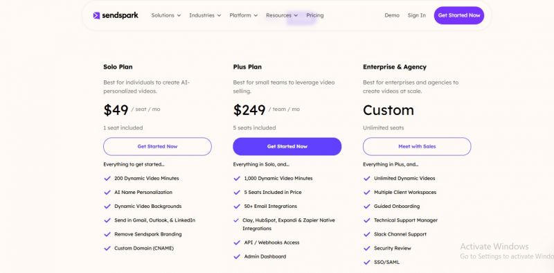 Sendspark Pricing Screenshot