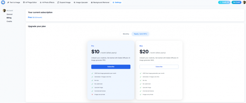 Stable Diffusion Online Pricing Screenshot