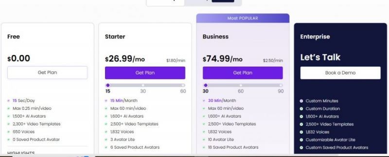 vidnoz AI Pricing Screenshot