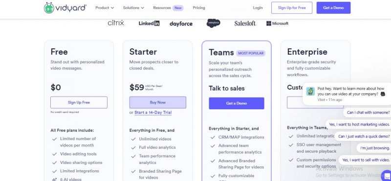Vidyard Pricing Screenshot