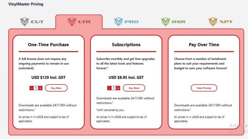 VinylMaster Pricing Screenshot