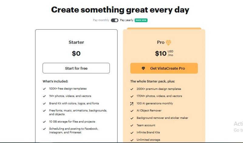 Vista Create Pricing Screenshot