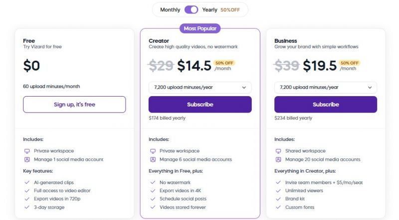 Vizard AI Pricing Screenshot