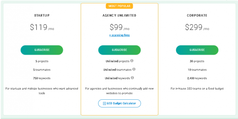 WebCEO Pricing Screenshot
