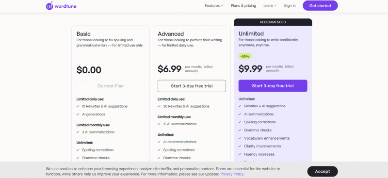 Wordtune Pricing Screenshot
