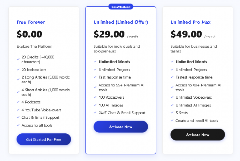 Writecream Pricing Screenshot